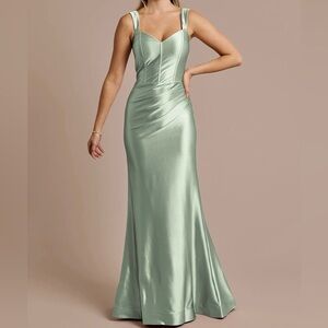 David's Bridal Satin Mermaid Gown in Sage